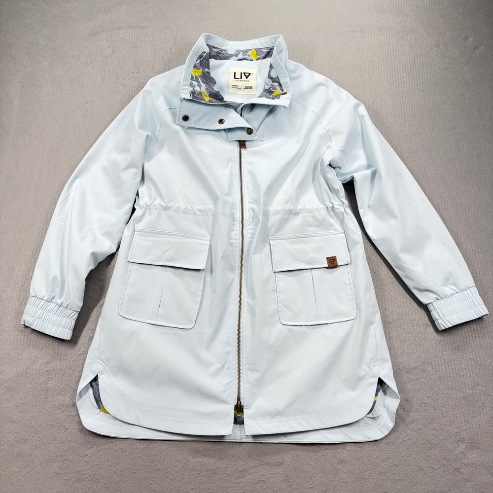LIV Outdoor Parka Jacket Womens Medium Light Blue Floral Lined Drawstring Waist